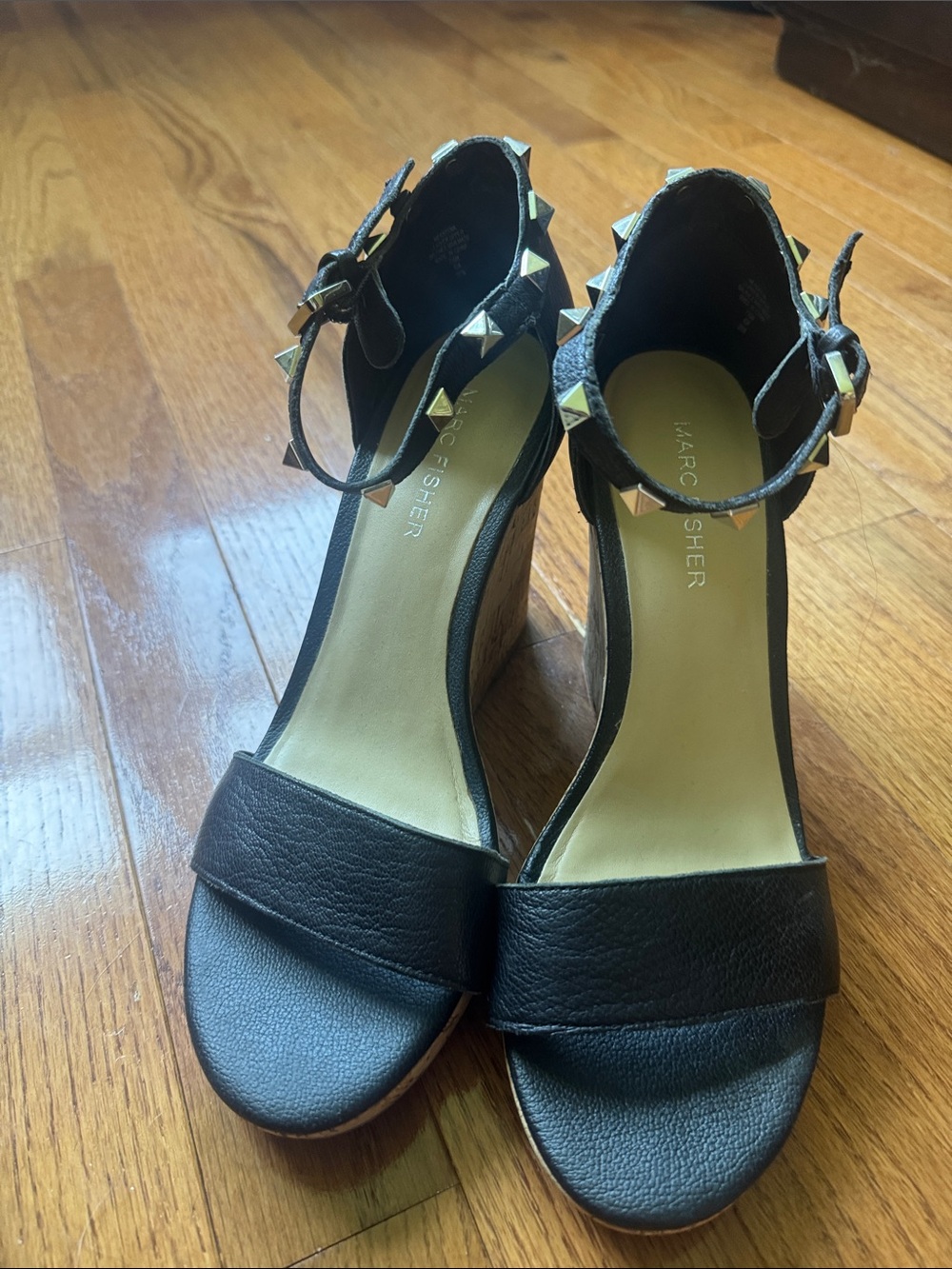 Marc Fisher Black Leather Ankle-Strap Stud Wedge Sandals